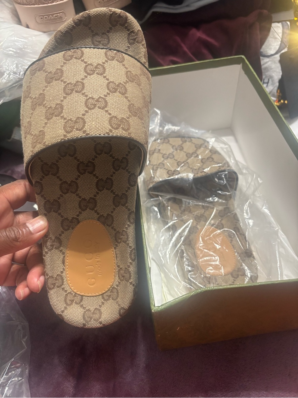 Gucci Beige GG Supreme Monogram Slide Sandals